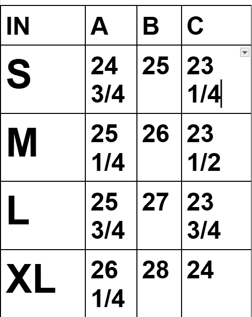Measurement chart for clothing sizes S, M, L, and XL with dimensions A, B, and C.
